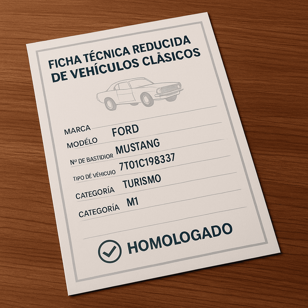 Imagen ilustrativa de una ficha técnica reducida para coche clásico, emitida por Carology
